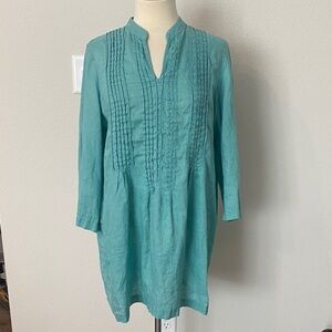 J. Jill Aqua Linen Long Sleeve Tunic Blouse Sz Large Smocked